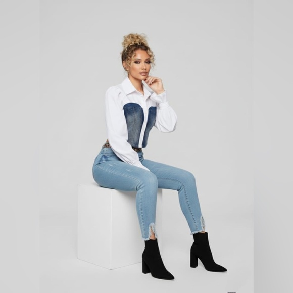 Shirt White Denim Crop Top Woman’s Comfort - Picture 4 of 13